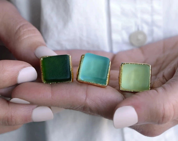 Smartglass Cube Adjustable Gold Ring - Aqua SMARTGLASS RECYCLED JEWELRY