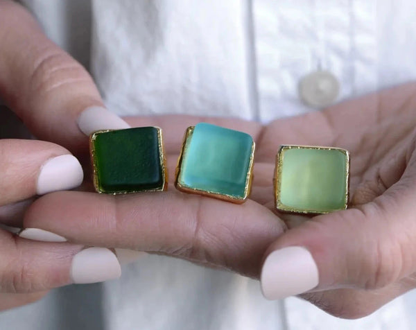 Smartglass Cube Adjustable Gold Ring - Antique Clear SMARTGLASS RECYCLED JEWELRY
