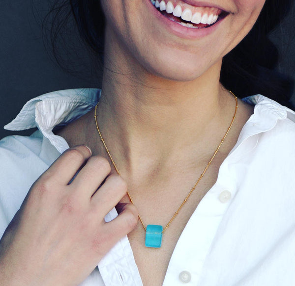Smartglass Cube Gold Necklace - Aqua SMARTGLASS RECYCLED JEWELRY