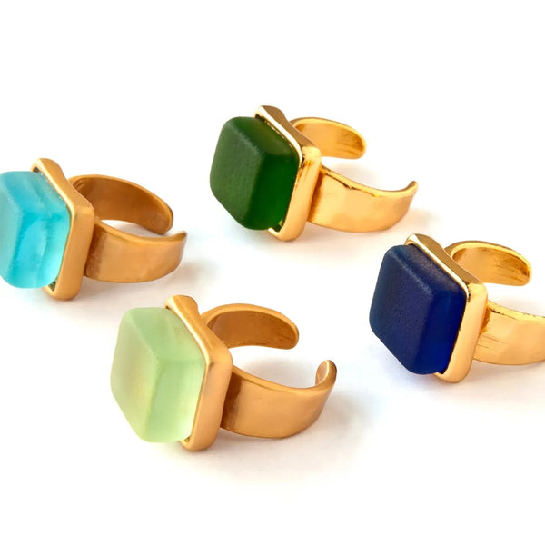 Smartglass Cube Adjustable Gold Ring - Antique Clear SMARTGLASS RECYCLED JEWELRY