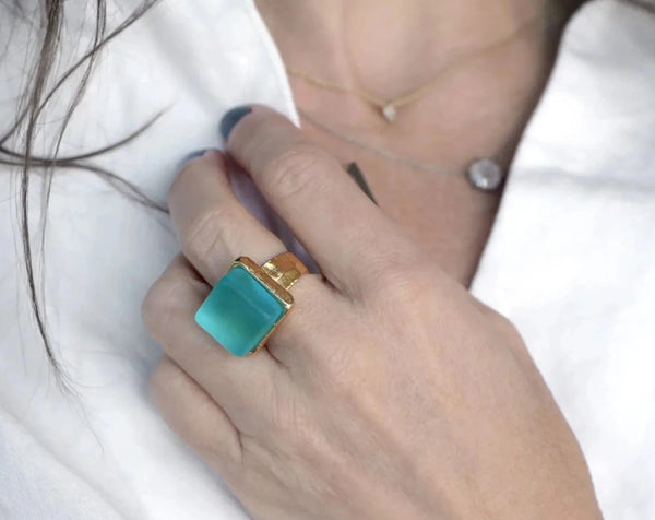Smartglass Cube Adjustable Gold Ring - Aqua SMARTGLASS RECYCLED JEWELRY