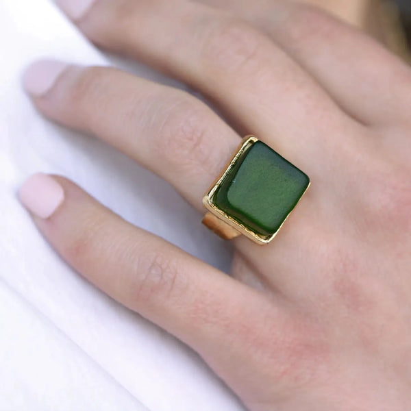 Smartglass Cube Adjustable Gold Ring - Pine SMARTGLASS RECYCLED JEWELRY