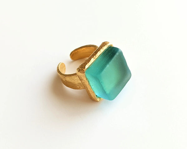 Smartglass Cube Gold Ring - Aqua SMARTGLASS RECYCLED JEWELRY