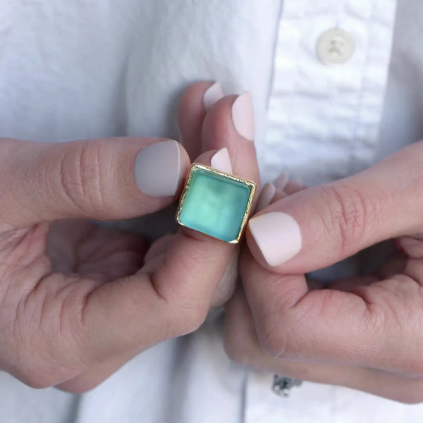 Smartglass Cube Adjustable Gold Ring - Aqua SMARTGLASS RECYCLED JEWELRY