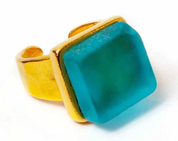 Smartglass Cube Adjustable Gold Ring - Aqua SMARTGLASS RECYCLED JEWELRY